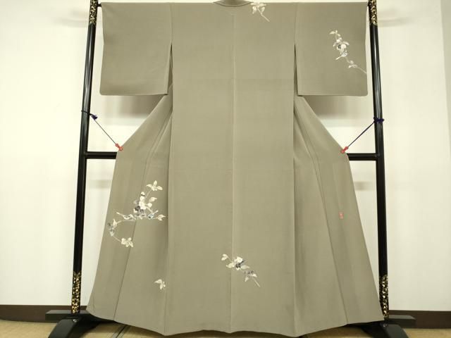 平和屋着物▽訪問着　単衣　作家物　枝花に休み鳥　鈴乃屋扱い　正絹　逸品　DAAU3991du 平和屋着物▽訪問着 単衣 作家物 枝花に休み鳥 鈴乃屋扱い 正絹 逸品