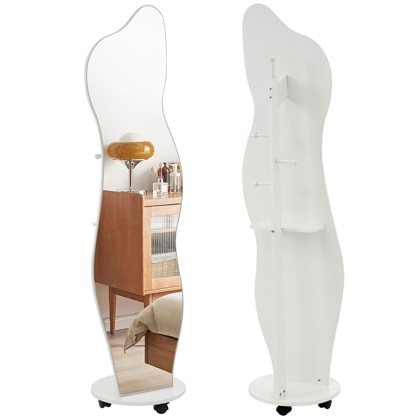 送料無料 オーエスジェイ OSJ 全身鏡 全身かがみ ハンガーフック ホワイト 北欧 キャスター付き スダンドミラー おしゃれ シンプル スリム 収納付き 衣類収納 隙間収納 飛散防止加工 イレギュラ 167*37CM