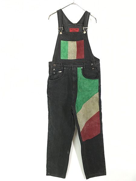 古着 90s JNCO イタリアン カウ レザー パッチワーク ブラック デニム オーバーオール L 古着
