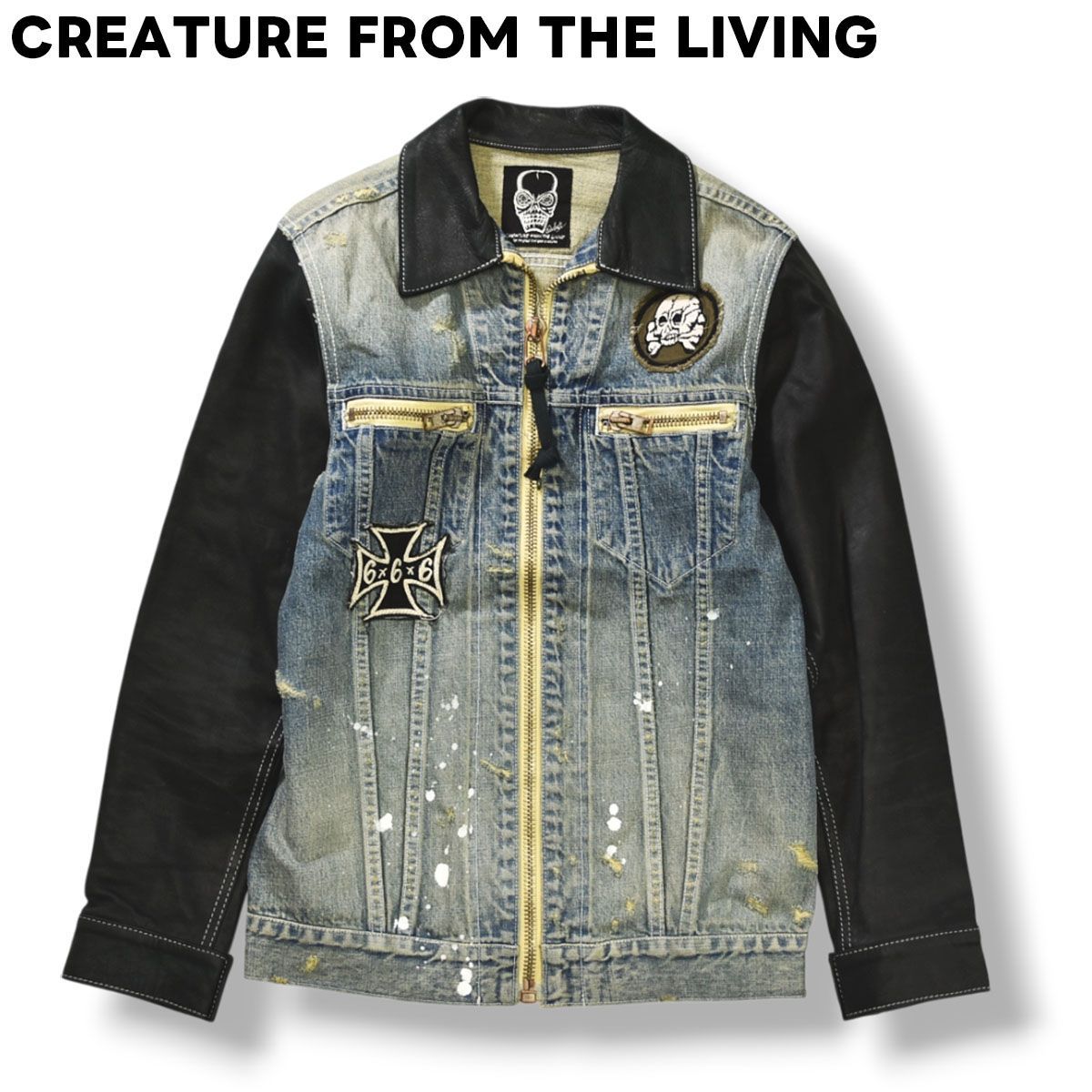 クリーチャー フロム ザ リヴィング CREATURE FROM THE LIVING デニム - レザー コンビ バイカー ジャケット SONS OF ANARCHY M インディゴ x ブラック メンズ