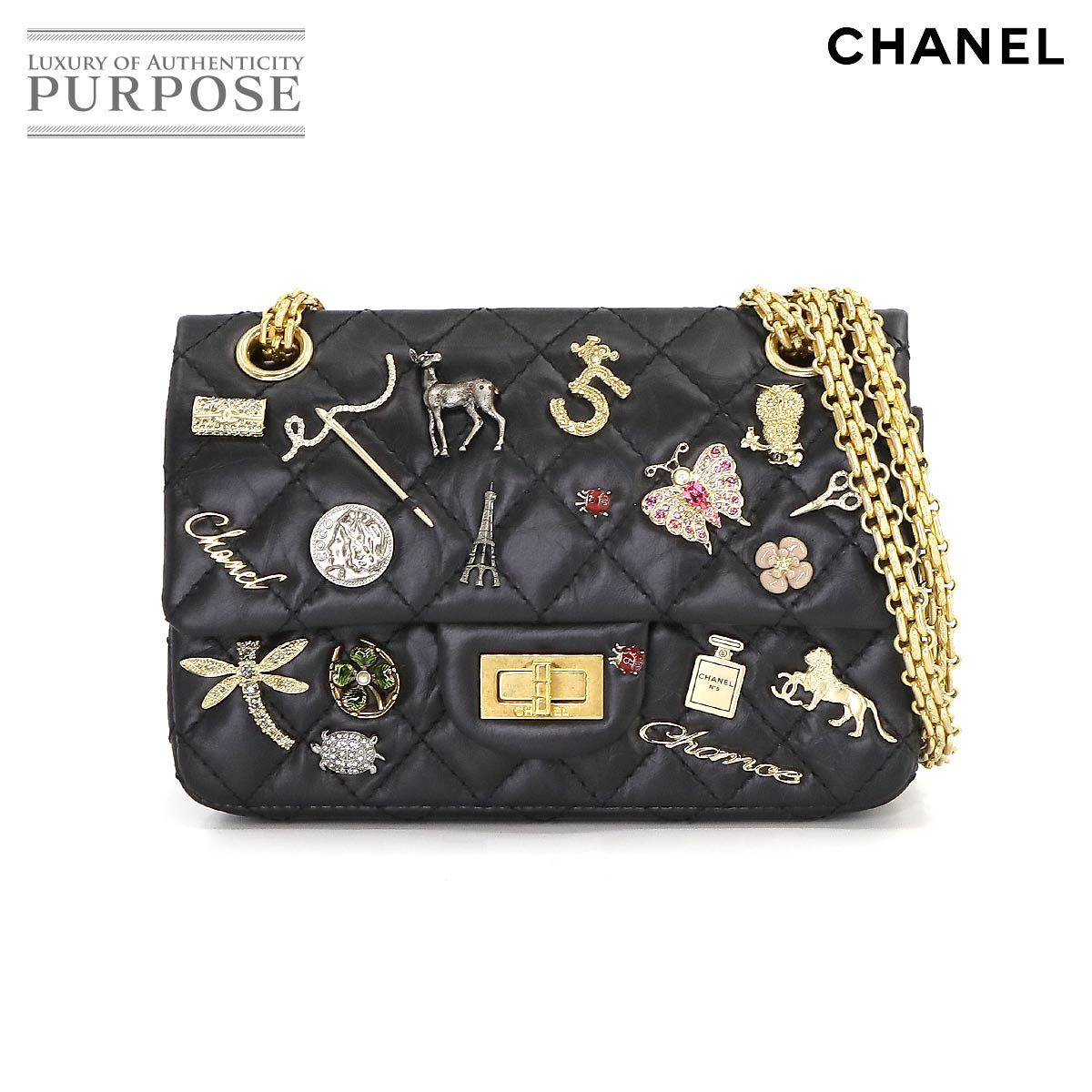 未使用 展示品 シャネル CHANEL 2.55 マトラッセ エンブロイダリー チェーン ショルダー バッグ レザー ブラック A37584  90219823