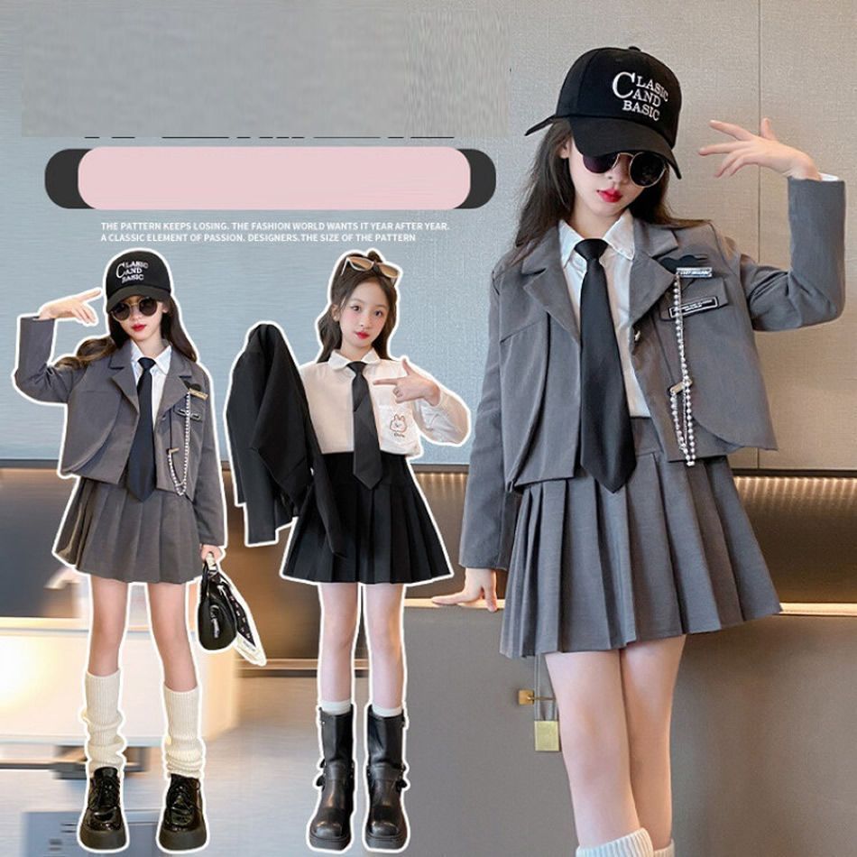 スーツ 女の子 5点セット フォーマルスーツ おしゃれ 入学式 卒業式 グレー 七五三 JK制服 小学生子供服 キッズ フリルスカート 学生服 高校生 入学式 スカート発表