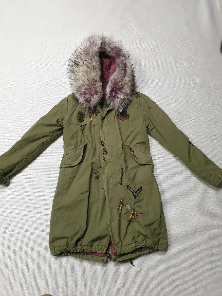 MR-MRS カーキ色 ファー フード 裏地ボア ロング アウター レディース 85サイズ