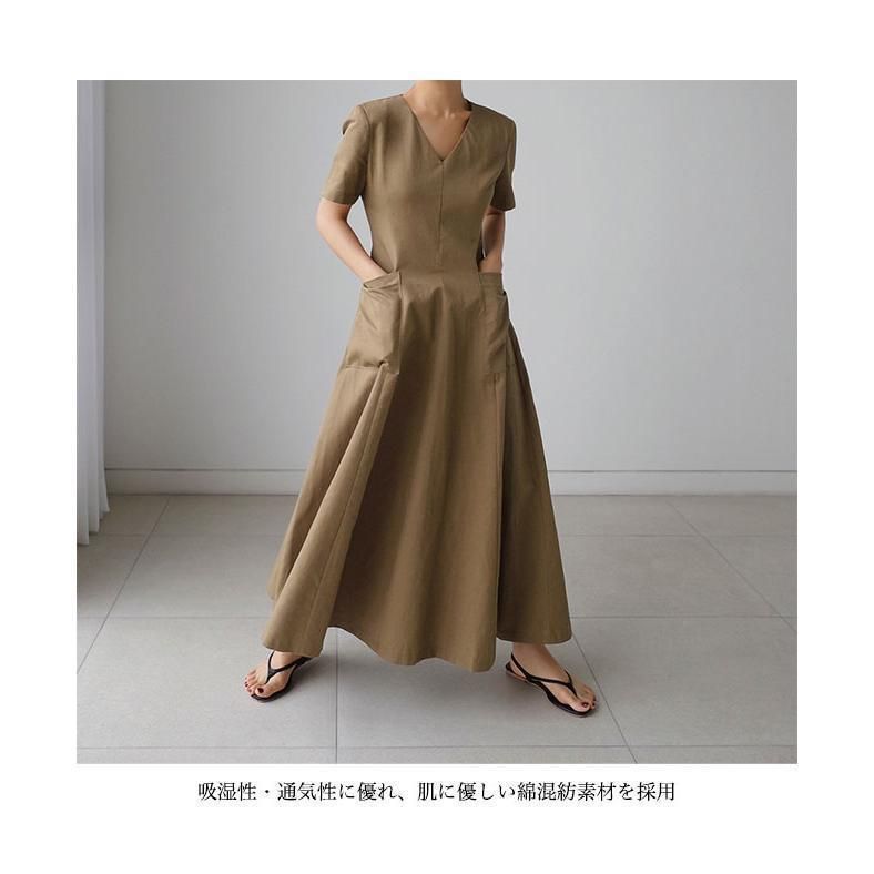 Vネック ロングワンピ