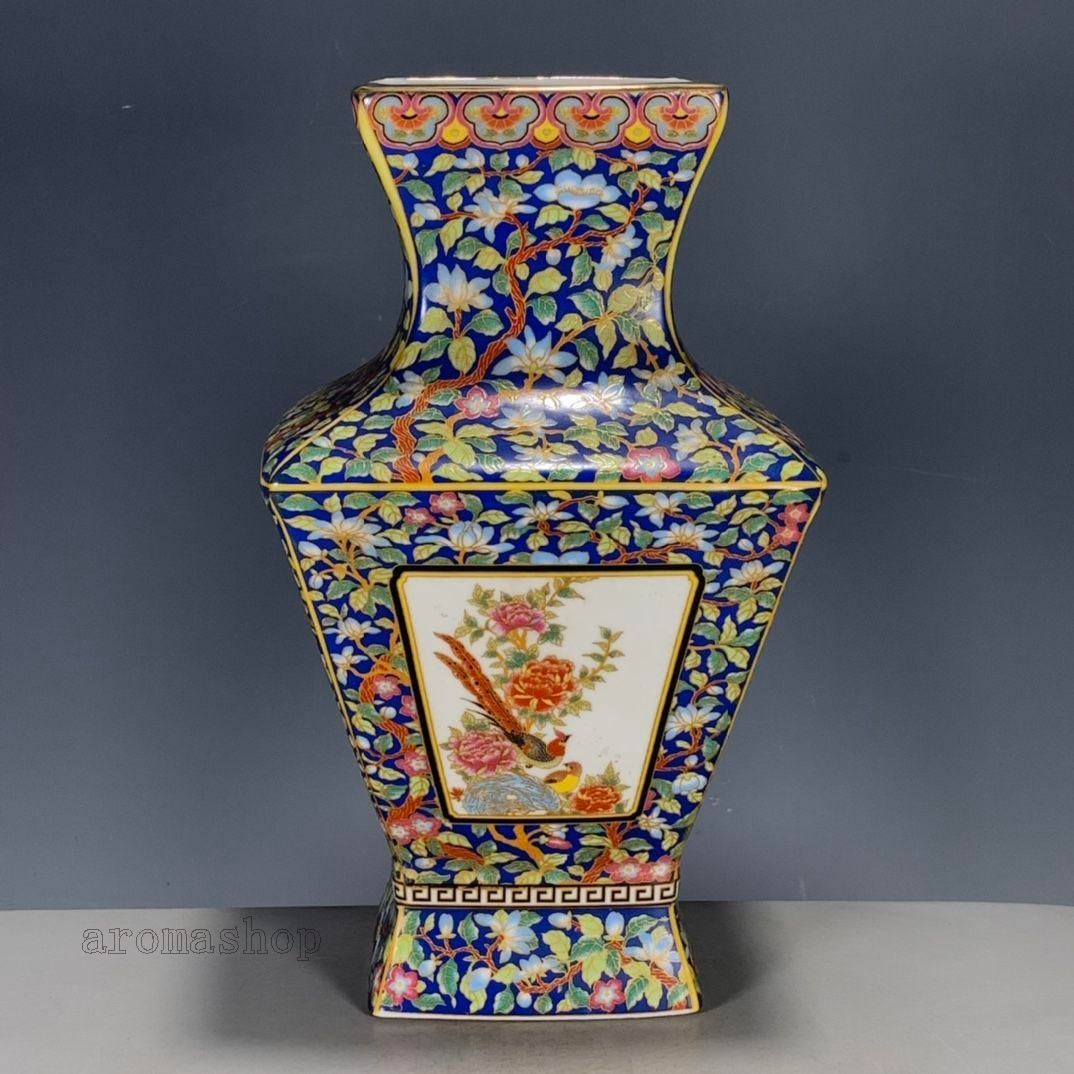 パステル琺瑯彩花鳥蒔絵四方尊瓶 景徳鎮 陶磁器 装飾品 現代工芸品 美術品 置物 パステル琺瑯彩花鳥蒔絵四方尊瓶 景徳鎮 陶磁器 装飾品 現代工芸