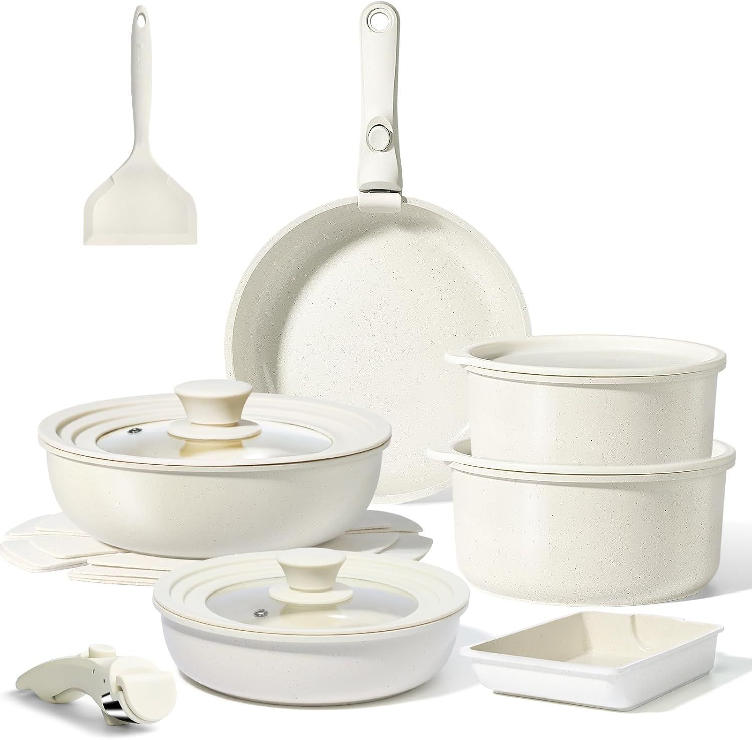 GiPP セラミックコーティング フライパン セット 17点 IH ガス火対応 フッ素不使用 体に害のない くっつきにくい 鍋セット 取っ手が取れる 卵焼き器 軽量 お手入れ簡単 食洗機対応 オーブン対応 PTFE PFOA PFOS フリー一年保証ホワイト