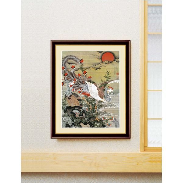 伊藤若冲 額装品 茶 〔 F4号 旭日鳳凰図 〕 若冲 鳳凰 旭日 動植