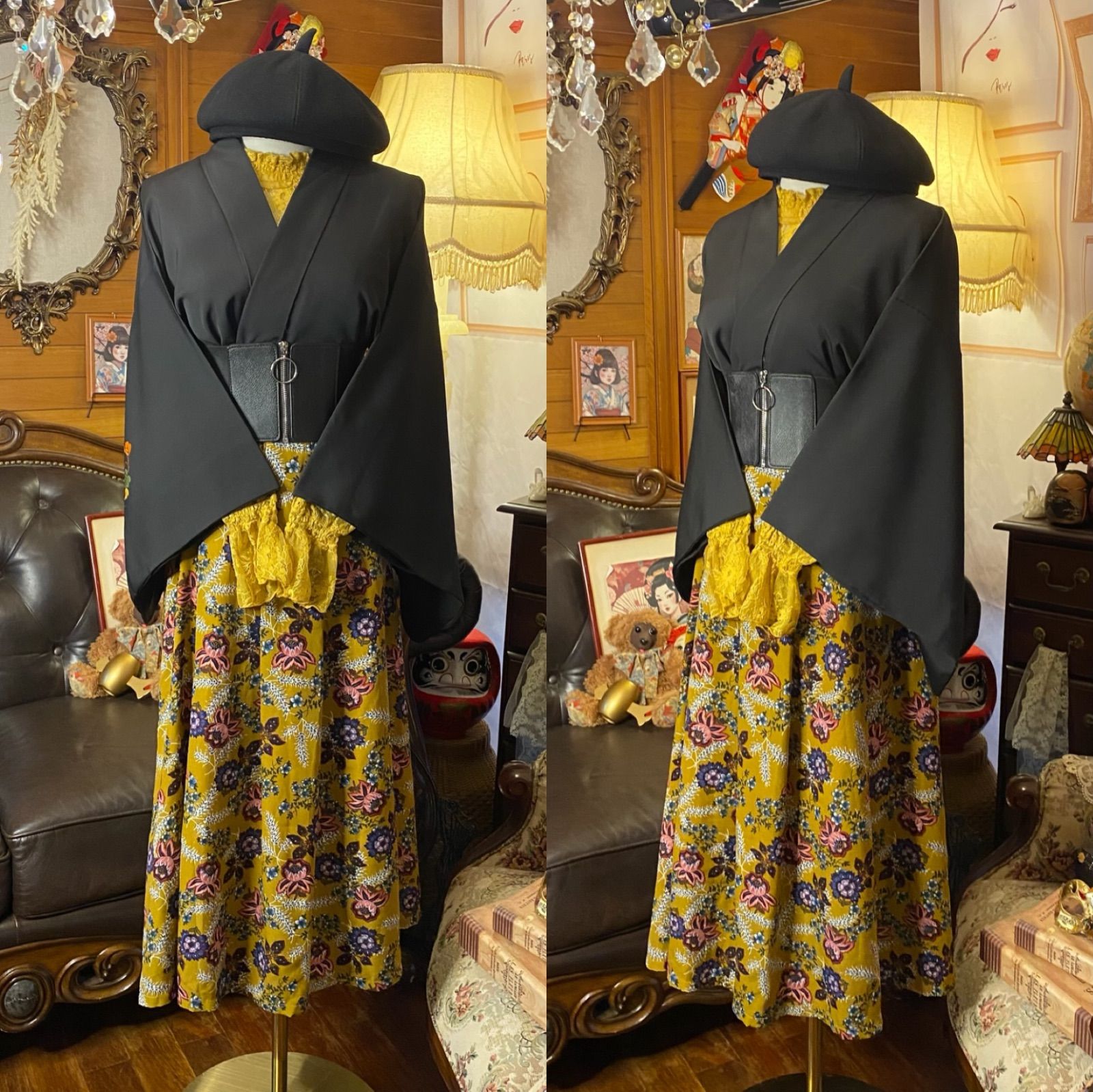 和洋折衷コーデ 黒絵羽織 セレクト4点セット 深みのある黒×陽だまりのようなイエロー C-673