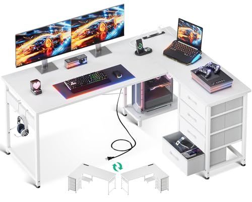 【人気商品】ゲーミングデスク 引き出し付き パソコンデスク コンセント付き l字デスク デスク 机 幅135*100 pcデスク 棚付き desk 収納 オフィスデスク 仕事用 在宅勤務 組立簡単 ホワイト