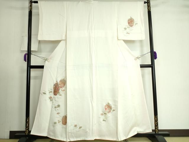 美品 訪問着 正絹 流水陶器花文様 扇子 金銀彩 157cm 64cm