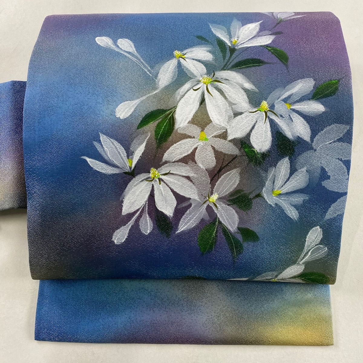 名古屋帯 美品 秀品 落款 草花 銀糸 青灰色 正絹 【中古