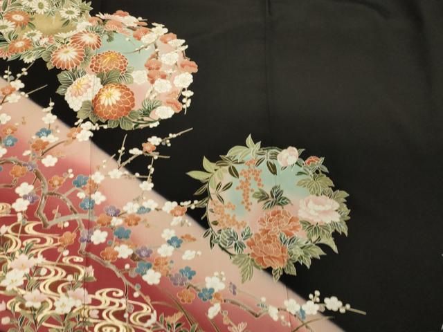 平和屋着物＃羽織 手描き 枝花文 黒地 金銀彩 正絹 逸品 CAAT5837id