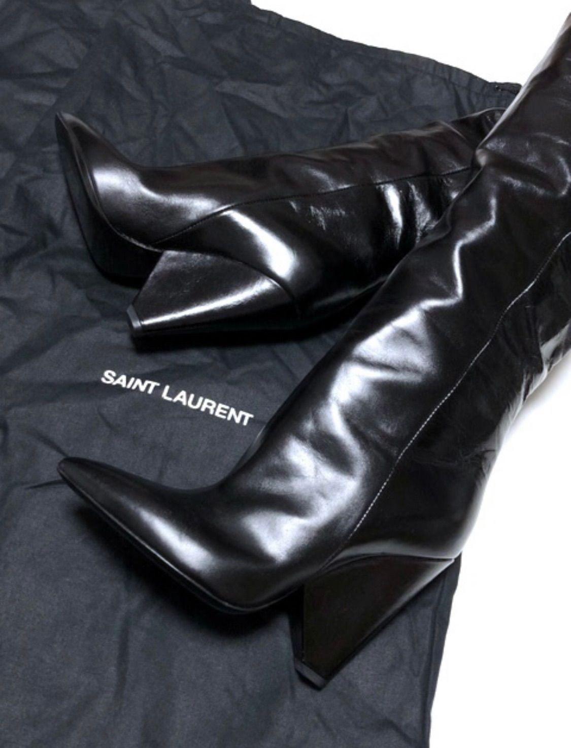 早い者勝ち ♥|保存袋付き サンローラン SAINT LAURENT Niki ニーハイ ロングブーツ 37 23.5-24 黒 レザー ポインテッドトゥ コーンヒール