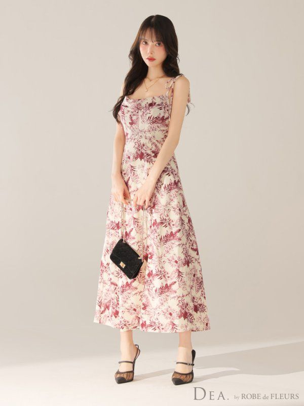 レッド DE4603-R-2508 Lサイズあり DEA.|ディア 花柄サテン| ショルダーリボン| フ | ミディアムドレス| キャバドレス long