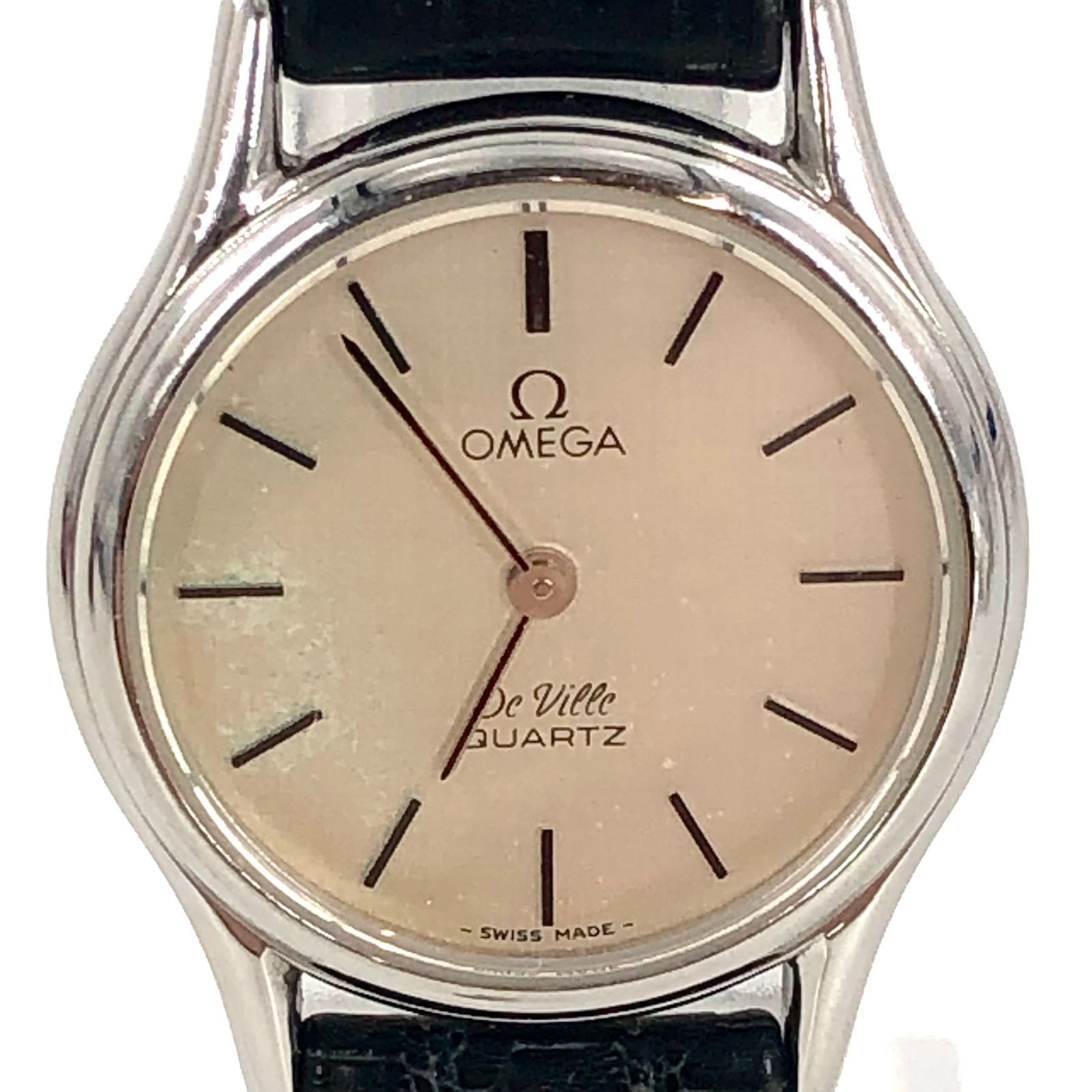 大人女性の オメガ OMEGA DeVille シルバー文字盤 SS×レザー/QZ デヴィル 時計