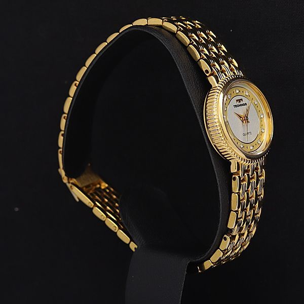 スイス製　TECHNOS テクノス 18K GOLD CROWN TE-064 稼働 良品 テクノス QZ TE-064 18Kクラウン 白文字盤 石付