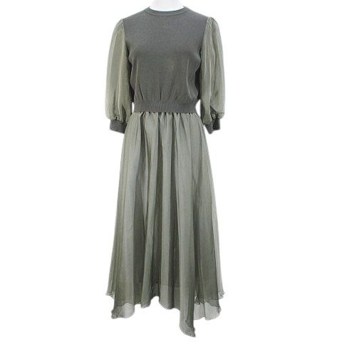 ダイアグラム Diagram セットアップ 七分袖 ニット カットソー ロング丈 フ スカート 36 緑系 カーキ 切替 裏地