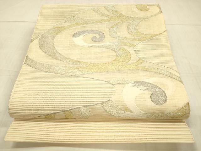 C 美品 流線模様 金銀糸 灰色 六通 正絹 薄物 夏用 絽 紗 名古屋帯 C 美品 流線模様 金銀糸 灰色 六通 正絹 薄物 夏用 絽