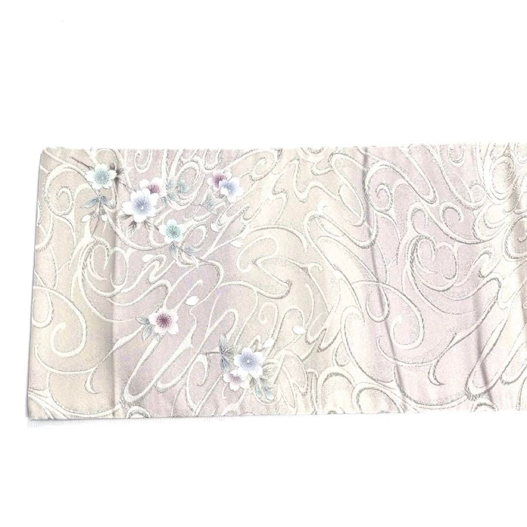 未着用　袋帯　枝垂れ桜　流線　パステルカラー　銀通し　銀彩　着物　034a d 未着用 袋帯 枝垂れ桜 流線 パステルカラー 銀通し 銀彩 着物 034a d