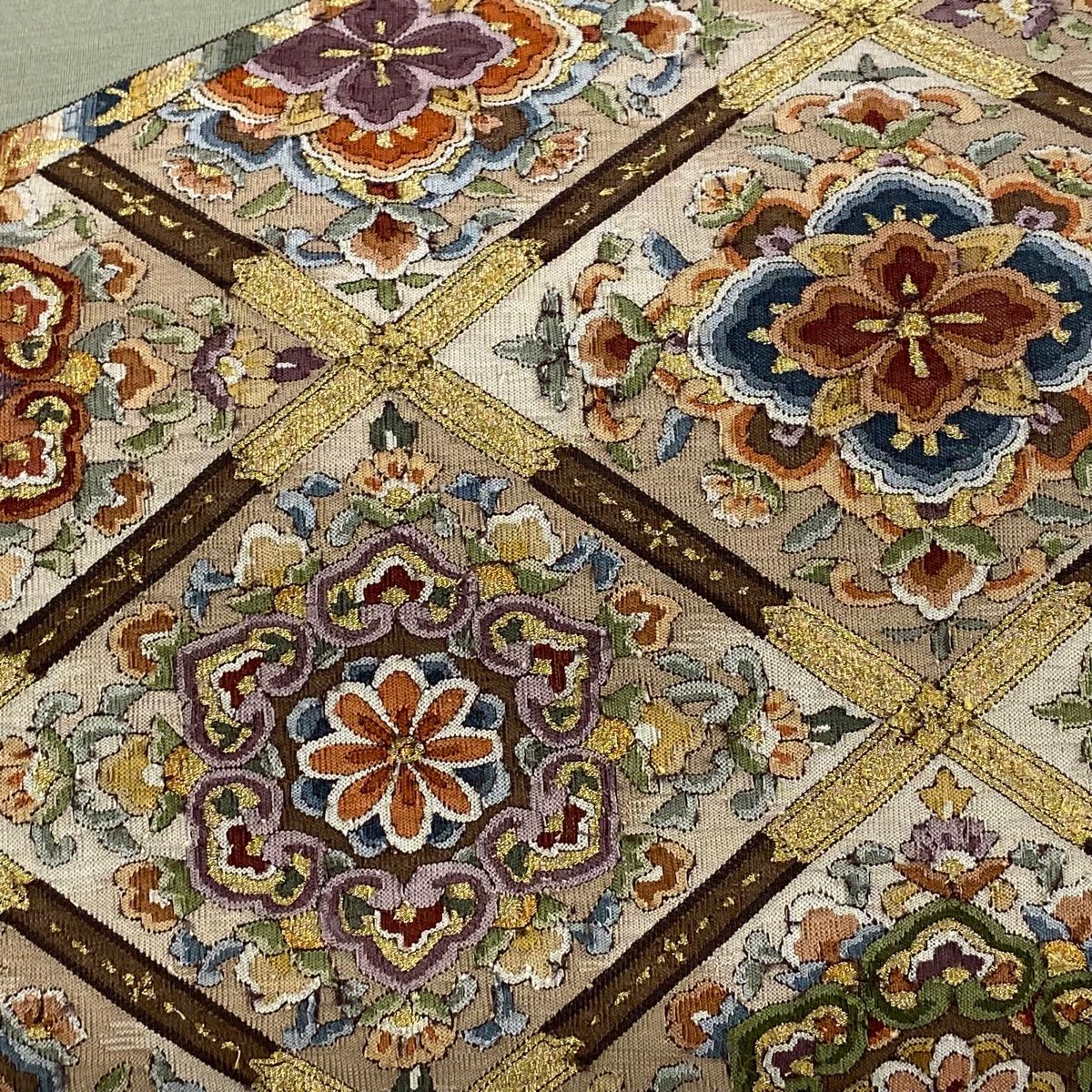 袋帯 華文 菱天井 金糸 灰緑 お太鼓柄 正絹