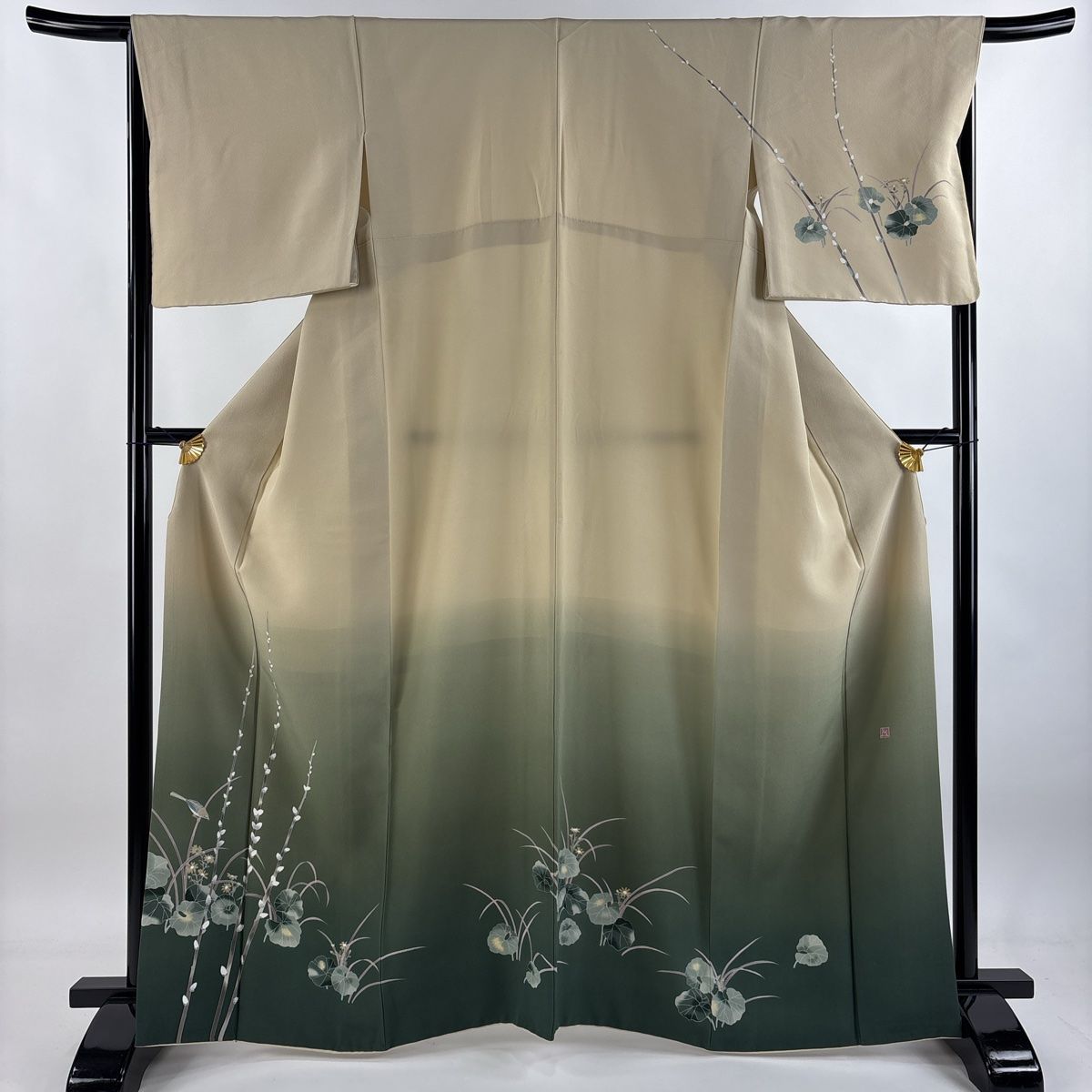 訪問着 身丈165cm 裄丈66cm M 袷 落款 猫柳 鳥 染め分け ぼかし ベージュ 正絹 秀品