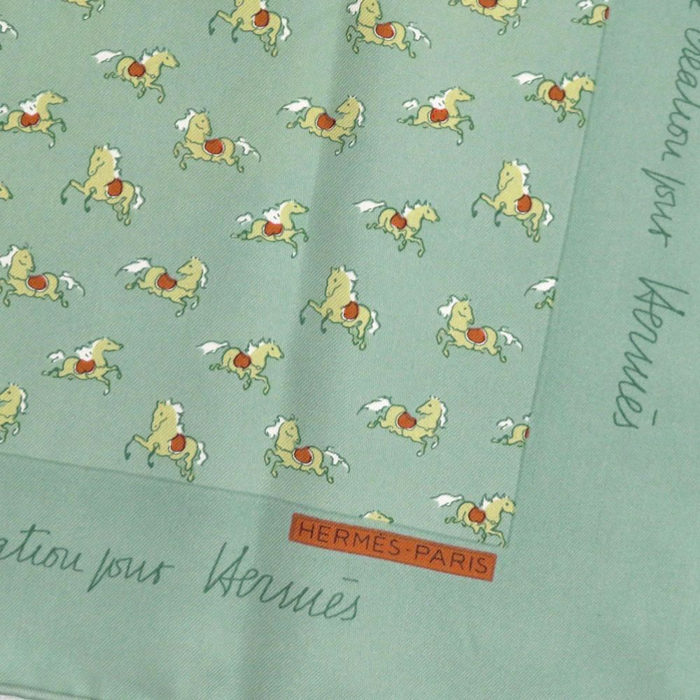 美品 エルメス カレ45 プチカレ 馬 シルク グリーン スカーフ 0821  