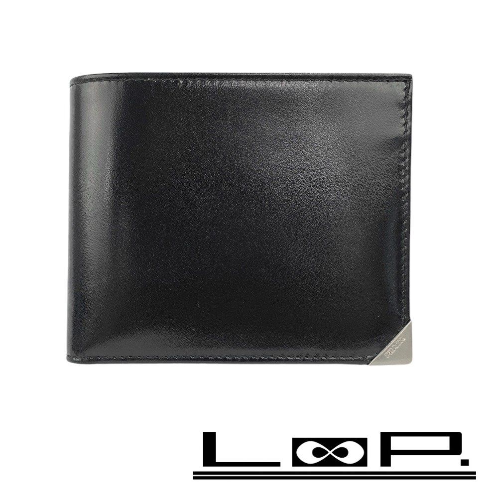 未使用　プラダ 2つ折り 財布 メンズ レザー ブラック NERO M738 箱 【196027】