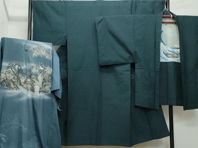 平和屋着物●男性 紬 アンサンブル 長襦袢セット 黒緑色 正絹 CAAS8500vf