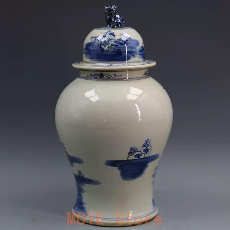清康熙鯖山水人物獅子頭将軍缶 景徳鎮 陶磁器 装飾品 現代工芸品 美術