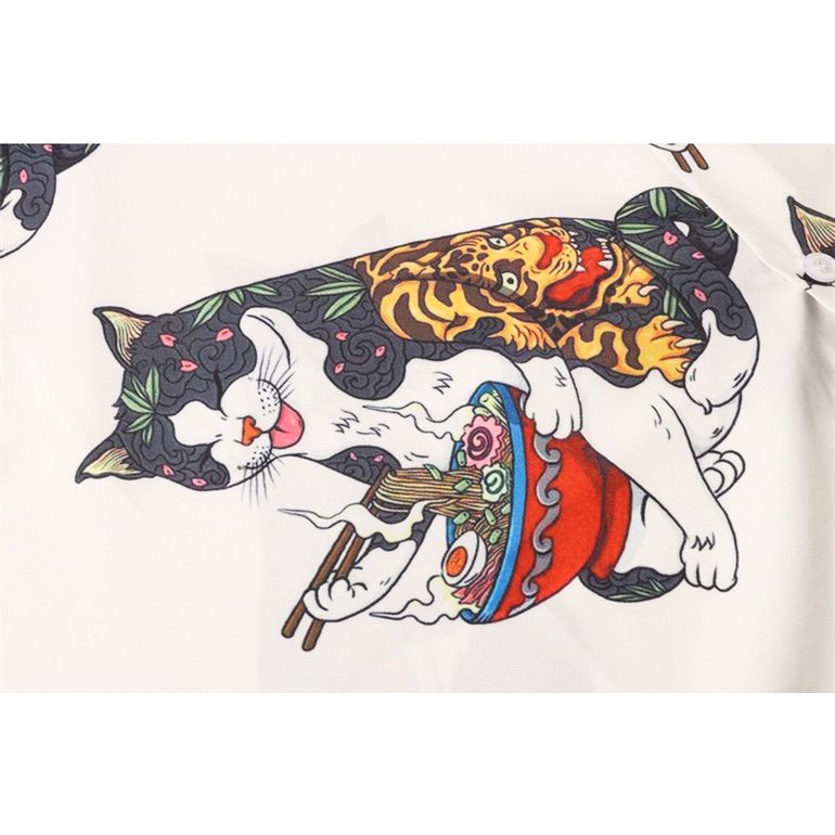 刺青猫柄 和柄アロハシャツ タバコ ラーメン猫 カラフル 個性的 総柄 ねこ
