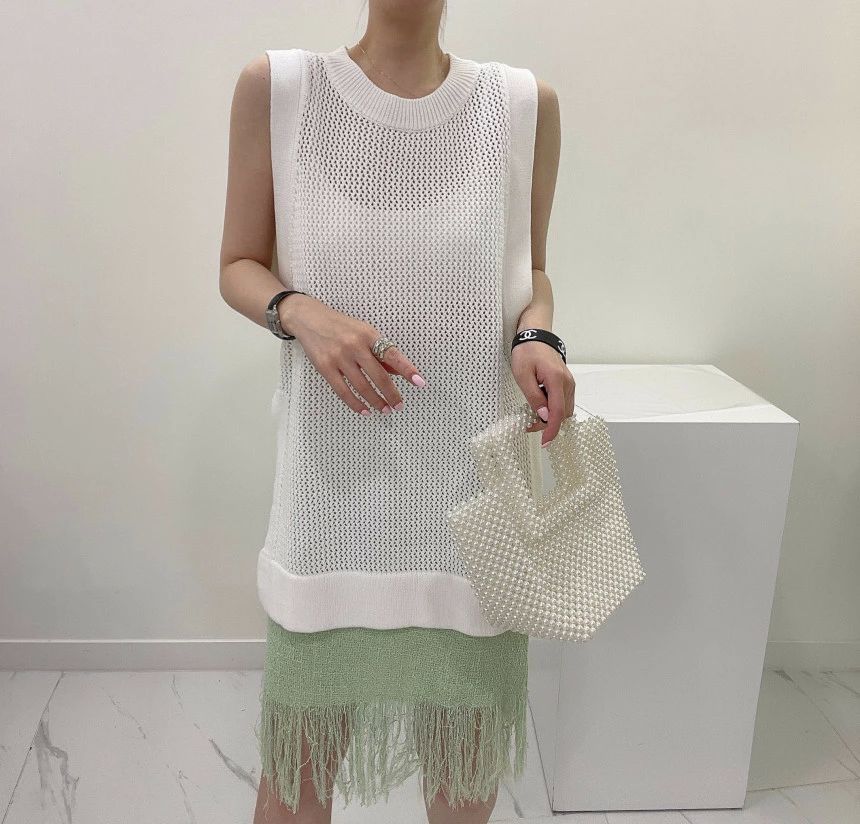 値下げ✩.*˚美品UN3D. ノースリーブニット Fサイズ ブルー UN3D. フリンジレイヤードスリーブレスニット ノースリーブ