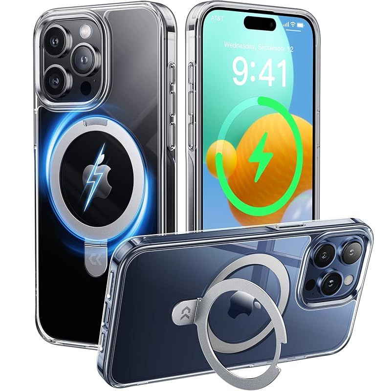 々透明感 内蔵4in1スタンド CASEKOO iPhone 15 Pro Max 用 ケース クリア 黄変防止 耐衝撃 MIL規格 滑り止め リング付き ストラップホール付き ワイヤレス充電 アイホン 15 プロマックス用 カバー スマホケース ク