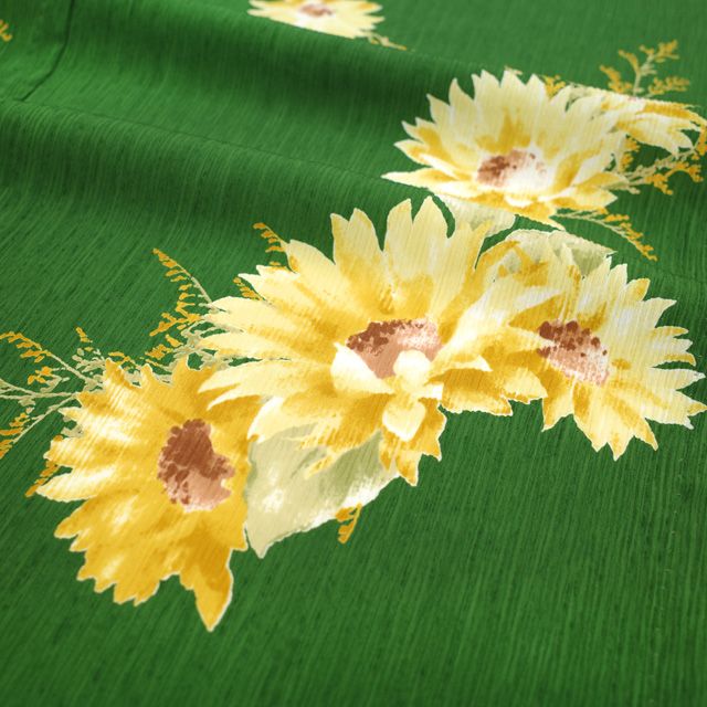 中古】 夏物 小紋 薄物 着物 単衣 縮み 緑 洋花 洗える着物