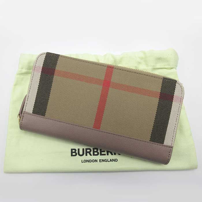 バーバリー 長財布 BURBERRY レザー コットン チェック柄 ジップ