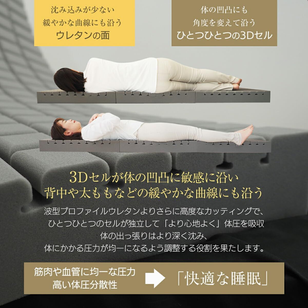 carres 厚み10cm ウレタン 3Dセル ダークグレー 折りたたみ ニット生地 体圧分散 幅97cm シングル 薄型 高反発マットレス 敷き布団 三つ折り プロファイル ベッドアンドマットレス マットレス