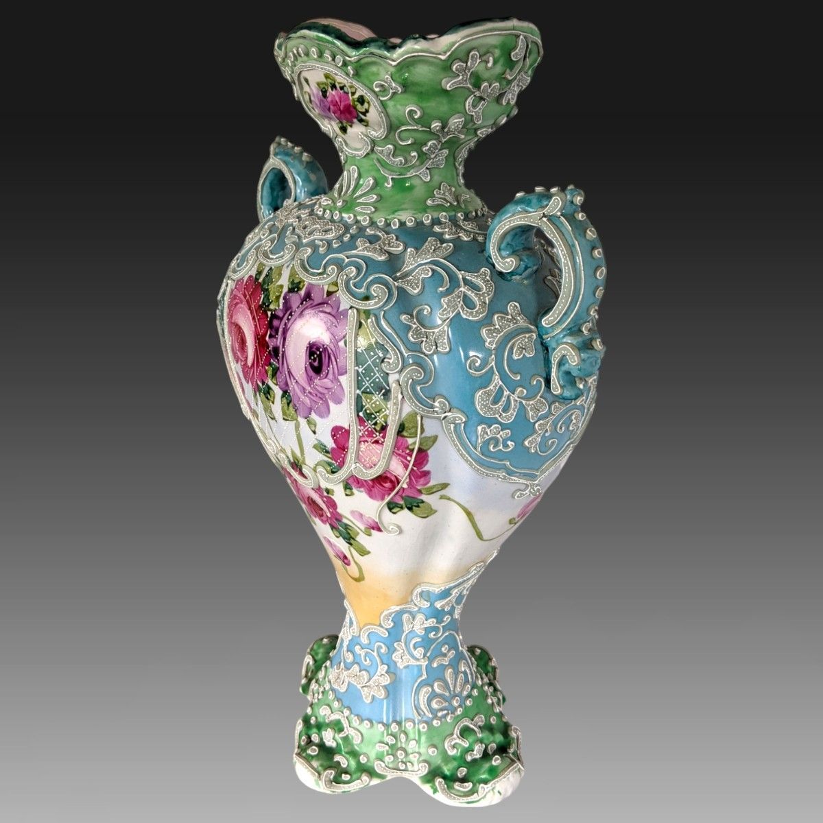 里帰り品】オールドニッポン 飾り壺 薔薇絵 一陳盛上げ手描き