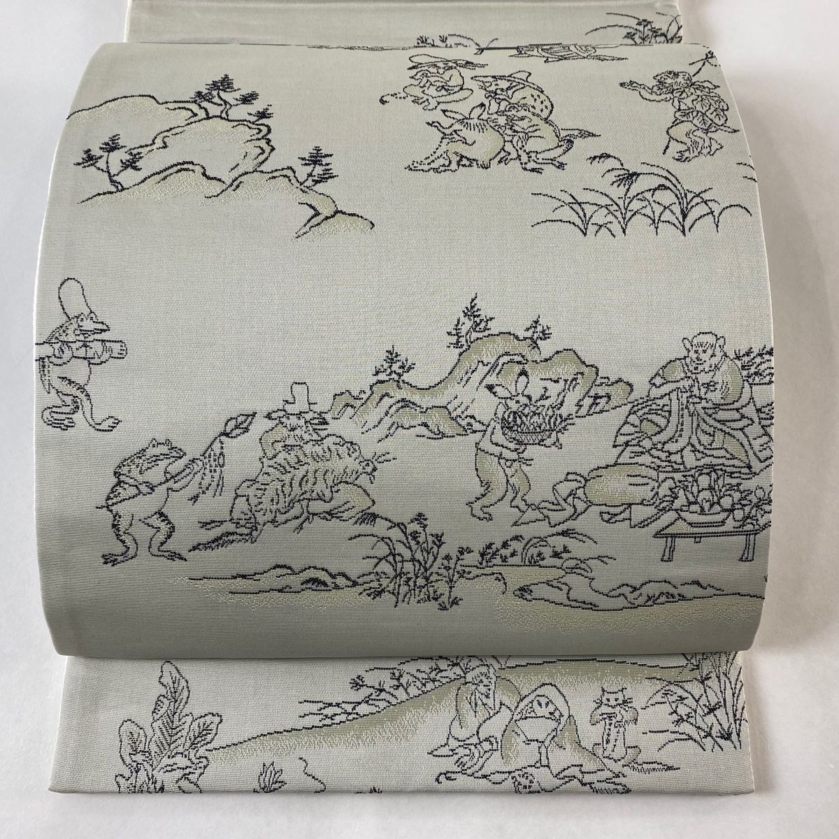 袋帯 鳥獣戯画 灰色 全通 正絹