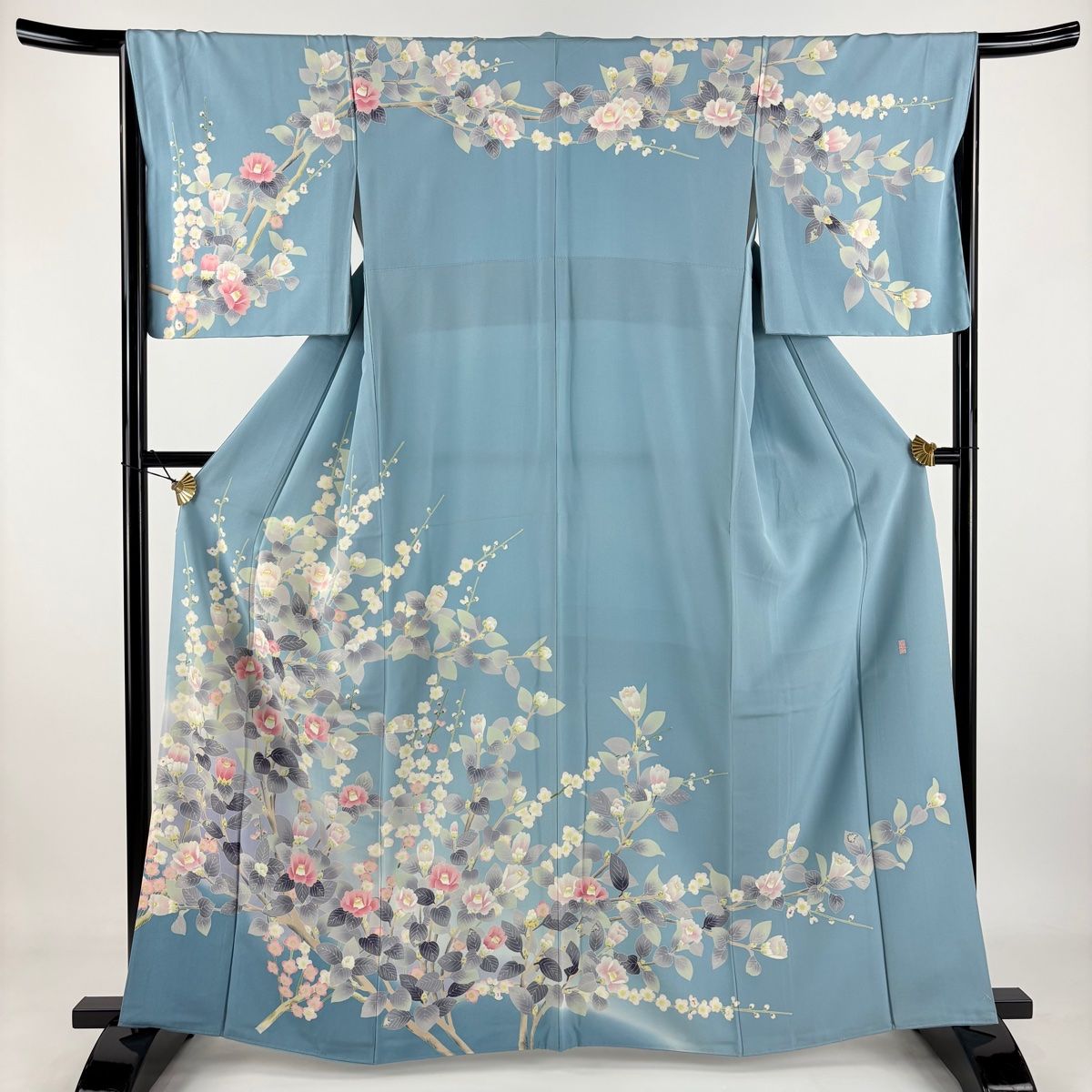 訪問着 身丈163.5cm 裄丈66.5cm M 袷 加賀友禅 東堂岳 落款 椿 枝梅 ぼかし 水色 正絹 名品 【】