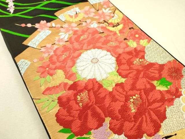 袋帯 波濤に蝶と花柄 金糸の華やかな帯 正絹 六通柄 アンティーク 平和屋着物◎六通柄袋帯 唐織 花蝶文 金糸 正絹 逸品 DAAU4121cm