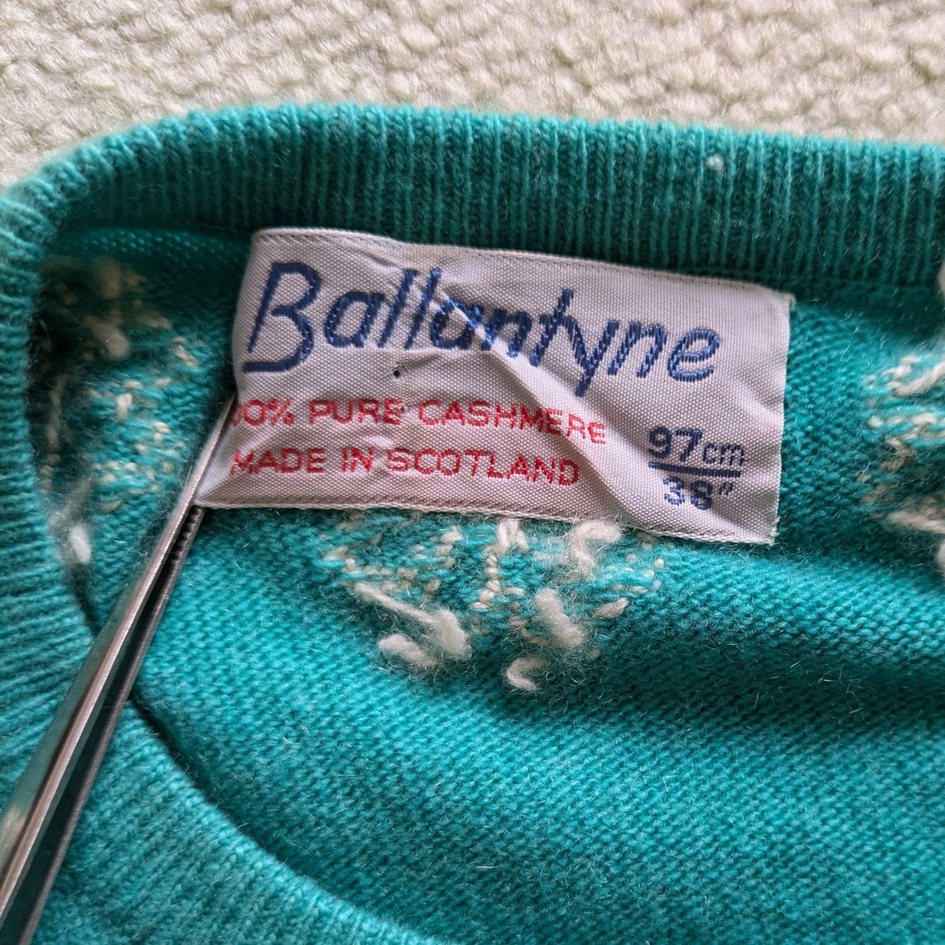 80s【BALLANTYNE】スコットランド製 花モチーフカシミヤ半袖ニット 