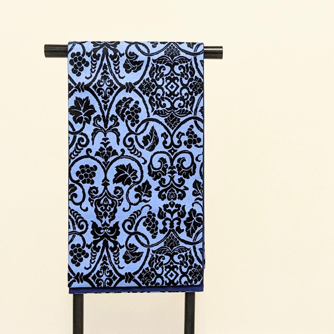 新品・仕立て上がり】正絹 袋帯 カジュアル モダン ブルー 黒 b59  