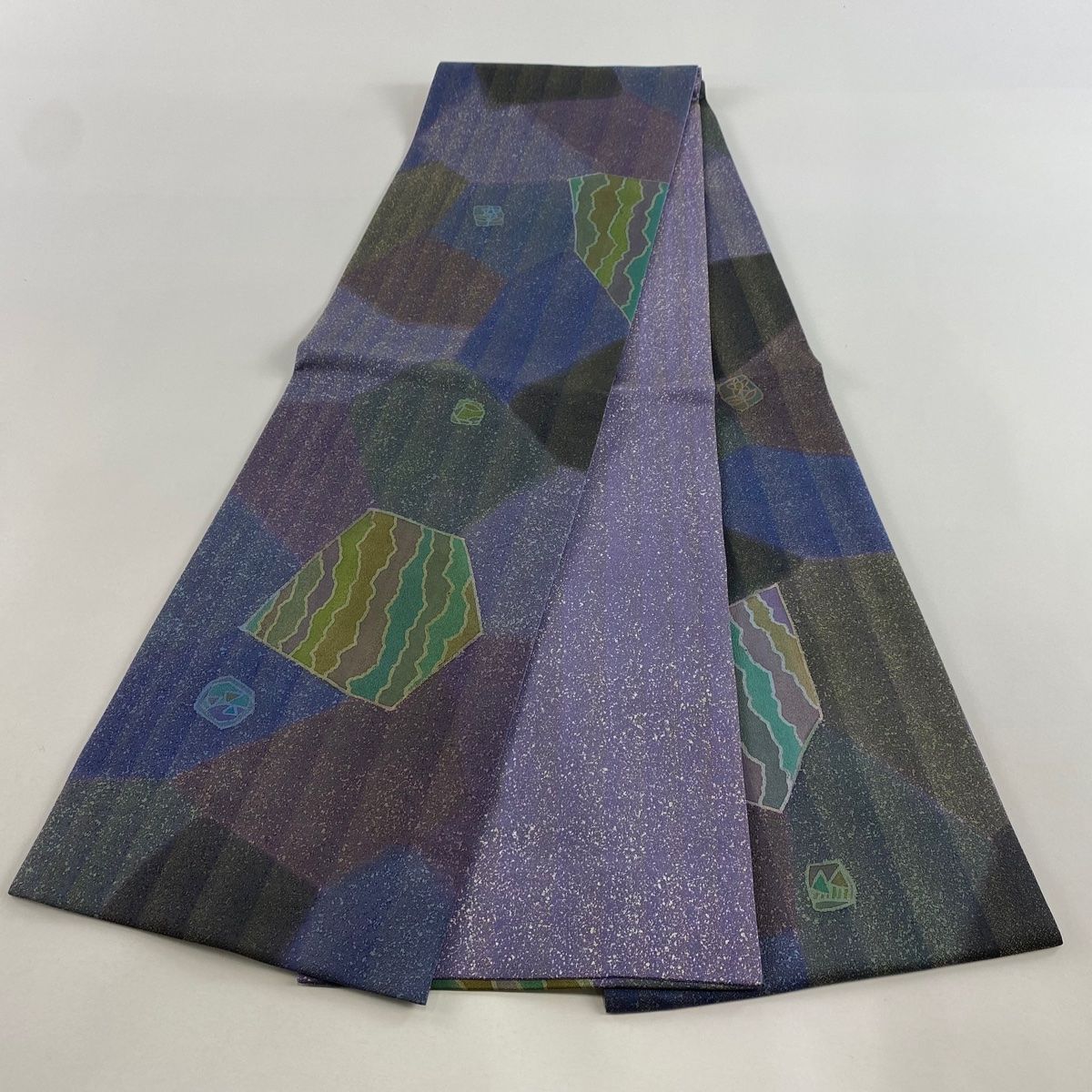 袋帯 緑と紫の波模様0123 六通柄袋帯 緑 赤紫 花柄ストライプ0123