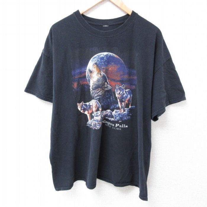 XL/古着 半袖 Tシャツ メンズ オオカミ 大きいサイズ クルーネック 黒 ブラック 24apr19 中古