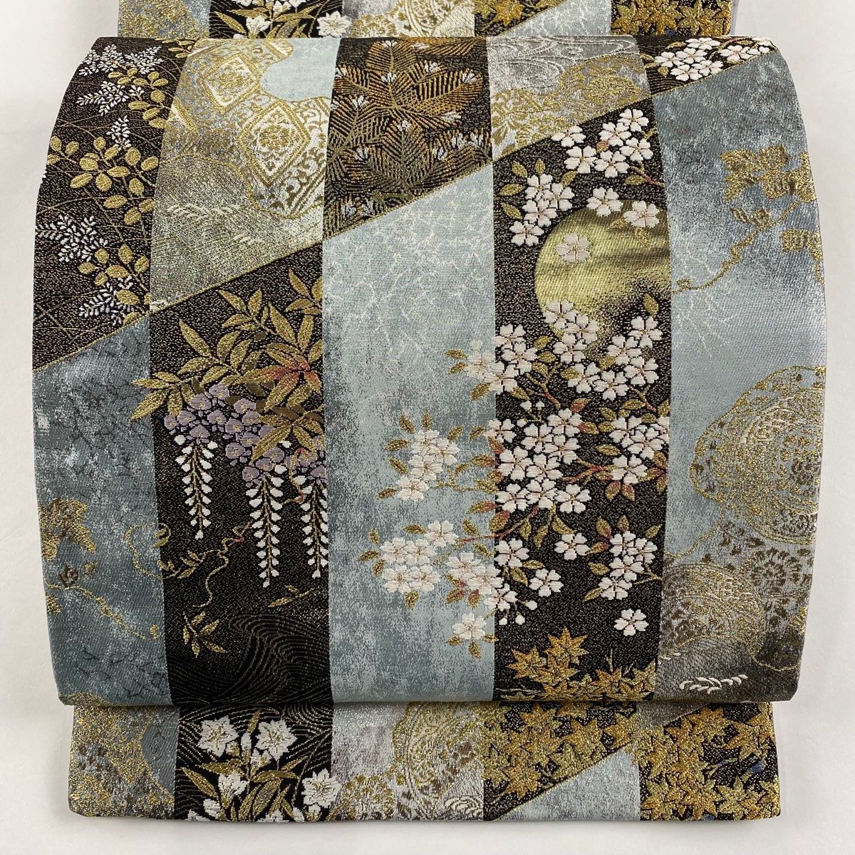 袋帯 秀品 落款 琳派四季文 草花 刺繍 箔 青灰色 六通 正絹