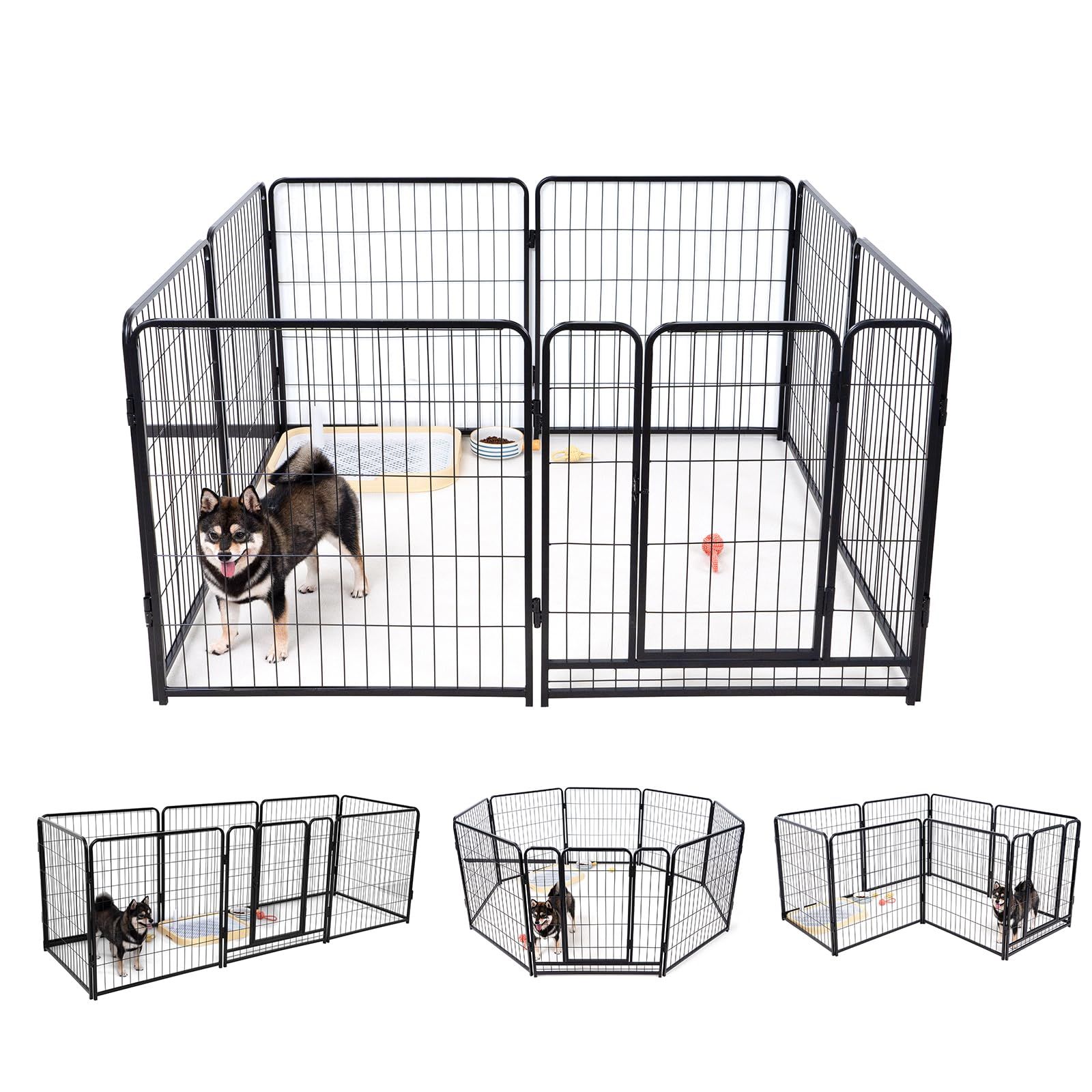KIRATAKU 大型犬 サークル スチール製 ペットサークル 犬用サークル 犬用フェンス 犬 ケージ ペットケージ 大型 60|80|98CM 室内室外兼用 折り畳み式 組立簡単 複数連結 ブラック 高さ80CM 8枚