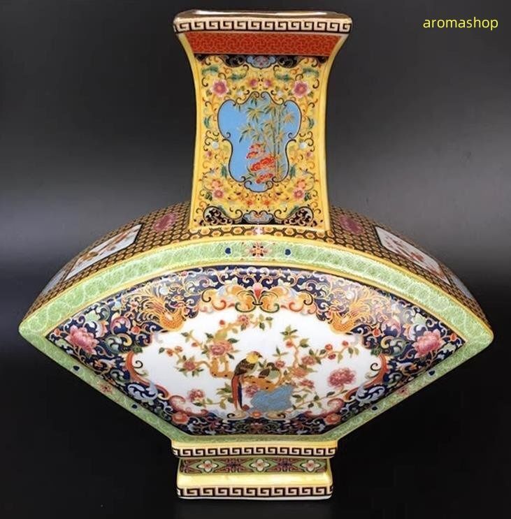 激安店舗 景徳鎮 花瓶 磁器 扇子形 花鳥柄 琺瑯彩 陶磁器 観賞花瓶 置物 工芸品