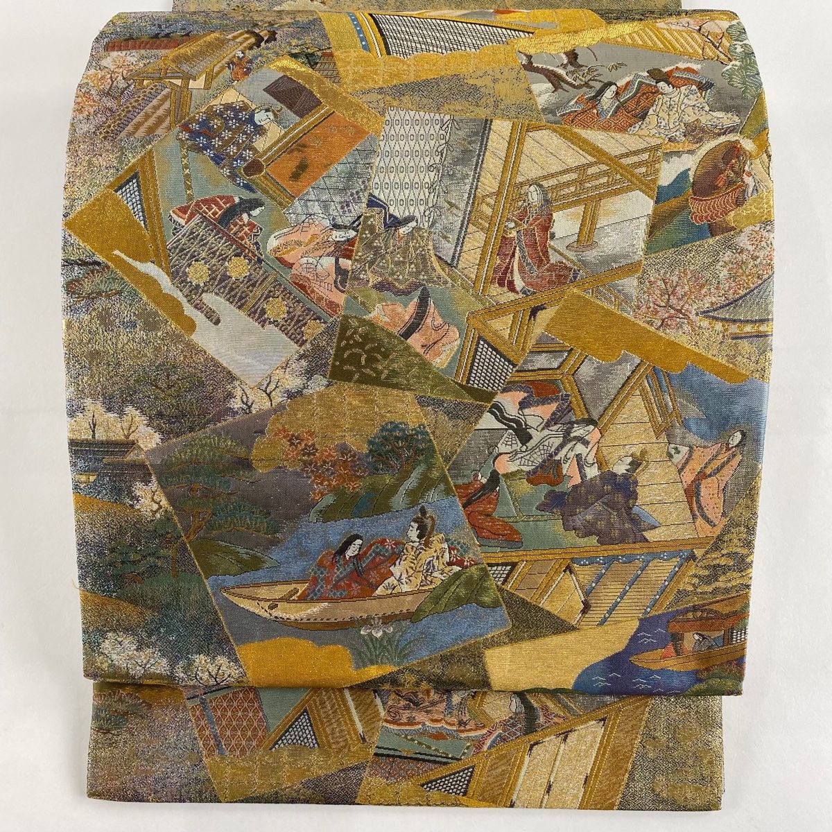 丸帯 名品 色紙 人物 金糸 箔 金色 お太鼓柄 正絹