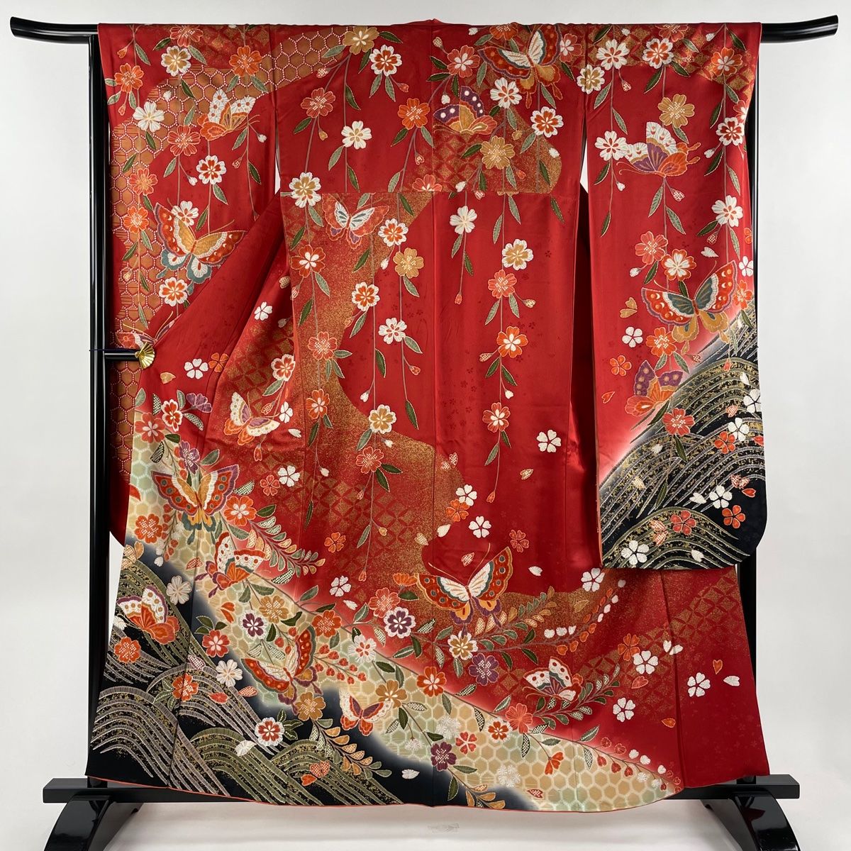振袖 美品 秀品 藤 蝶 金彩 緑 袷 159.5cm 65.5cm M 正絹 【