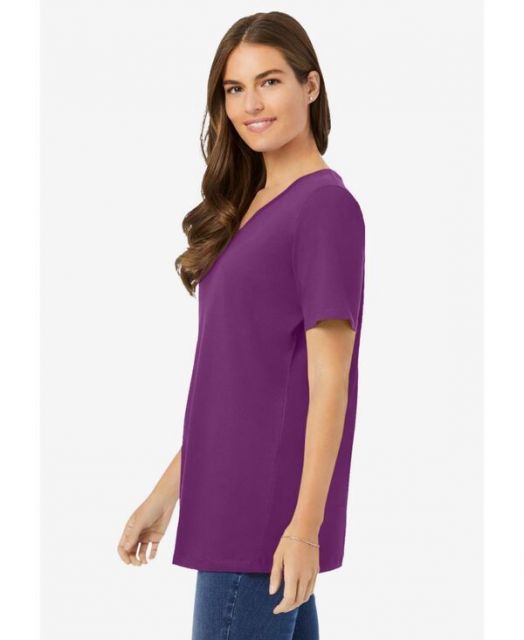 最安値通販!  ウーマン ウィズイン レディース シャツ トップス Plus Size Perfect Short-Sleeve V-Neck Tee Plum purple