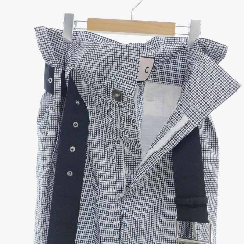プランシー PLAN C ベルト付きパンツ テーパード チェック 36 黒 紺 白 